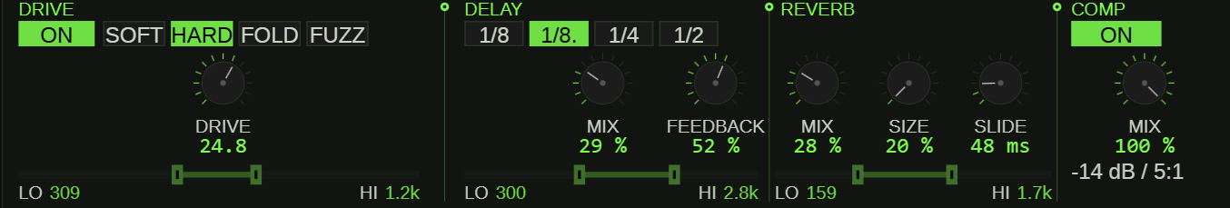 FX panel with Drive, Delay, Reverb and Compressor sections, each with its own controls and a 2-band EQ frequency display