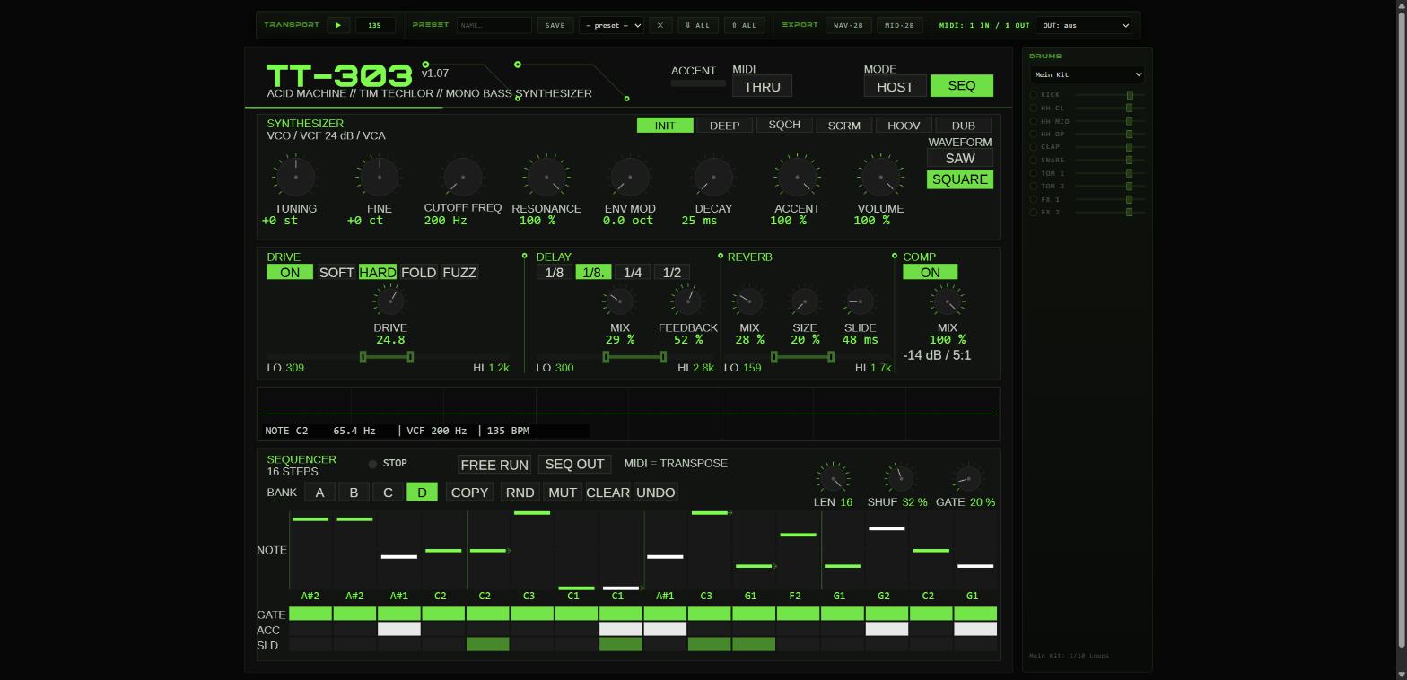 The full TT-303 Acid Machine interface, showing the transport bar, SYNTH and FX panels, sequencer and drum machine side panel