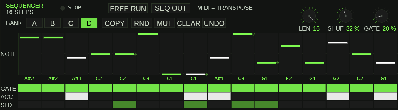 Sequencer panel with pattern banks A to D, the note lane above the step grid, and the GATE/ACC/SLD rows below it