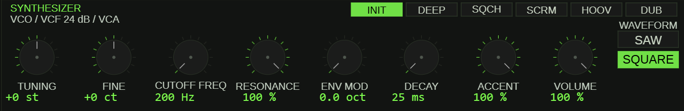SYNTH panel with the eight sound-shaping knobs, the six preset buttons and the waveform switch