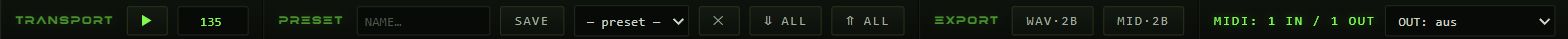 Transport bar with play button, BPM field, preset controls, WAV/MIDI export buttons and the MIDI output dropdown